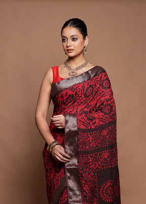 Red Printed Silk Saree Without Blouse Piece