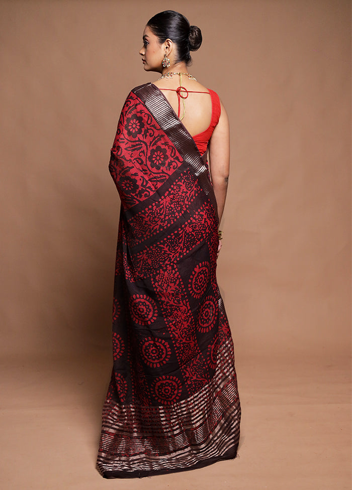 Red Printed Silk Saree Without Blouse Piece