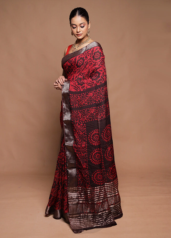 Red Printed Silk Saree Without Blouse Piece