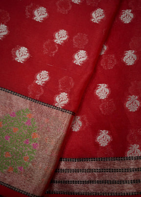 Red Dupion Silk Saree With Blouse Piece - Indian Silk House Agencies