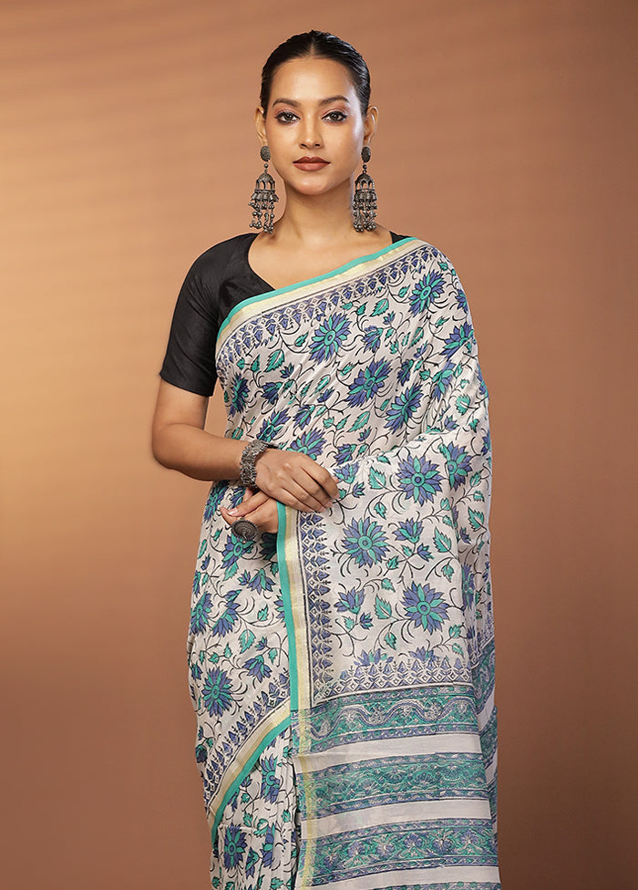 White Chanderi Silk Saree With Blouse Piece