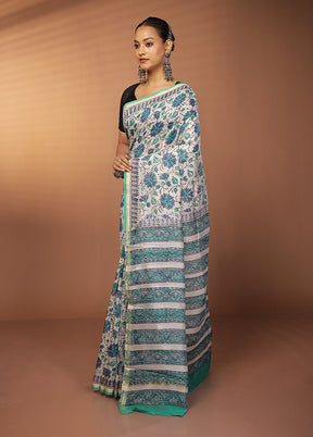 White Chanderi Silk Saree With Blouse Piece