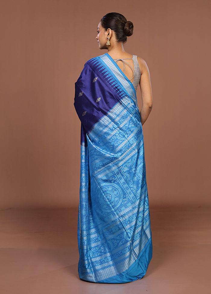 Blue Handloom Bomkai Pure Silk Saree With Blouse Piece