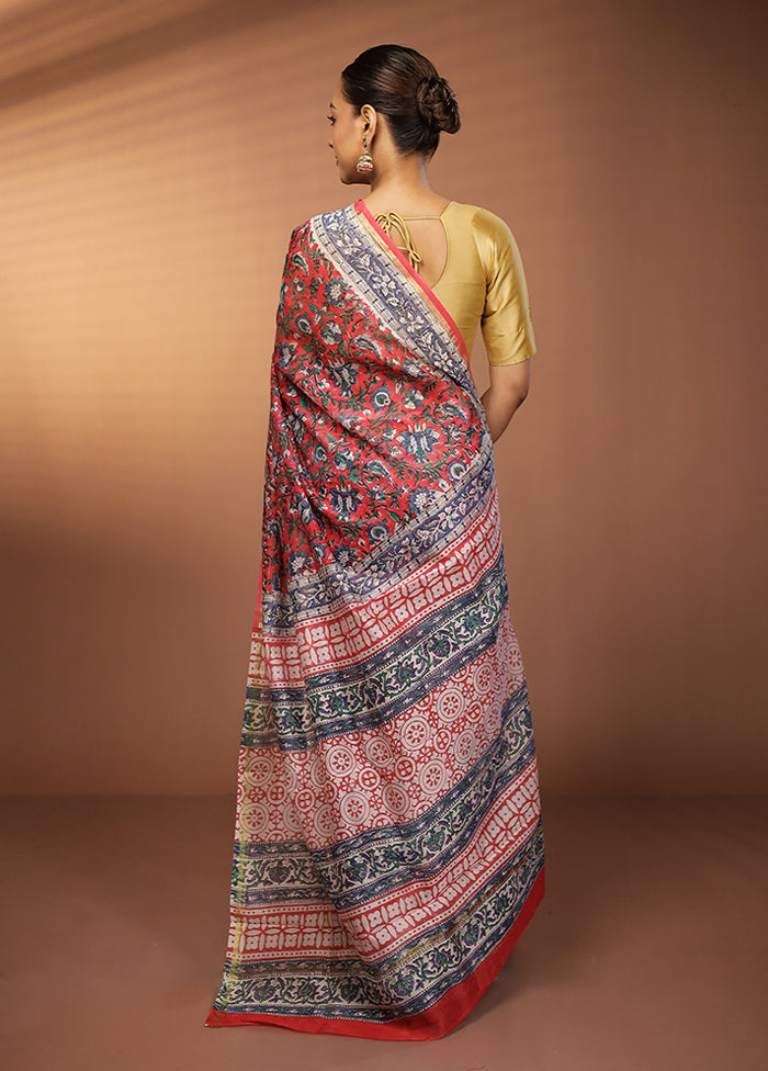 Red Chanderi Cotton Saree With Blouse Piece