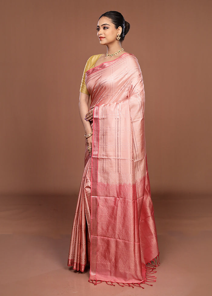 Pink Handloom Kanchipuram Pure Silk Saree With Blouse Piece