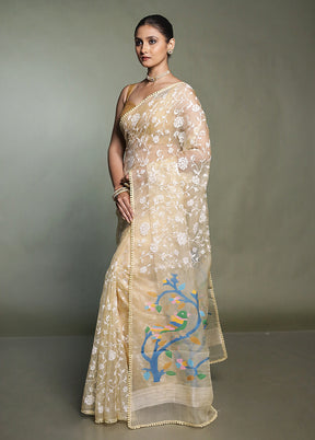 Cream Handloom Pure Organza Saree With Blouse Piece