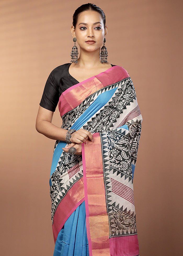 Blue Chanderi Silk Saree With Blouse Piece