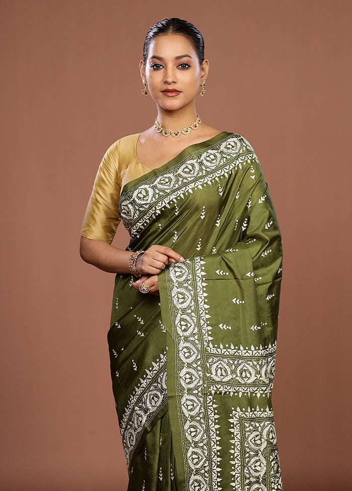 Green Handloom Kantha Stitch Pure Silk Saree With Blouse Piece