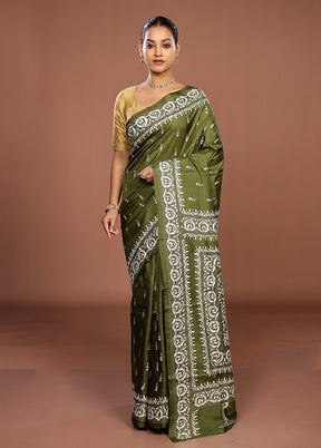 Green Handloom Kantha Stitch Pure Silk Saree With Blouse Piece
