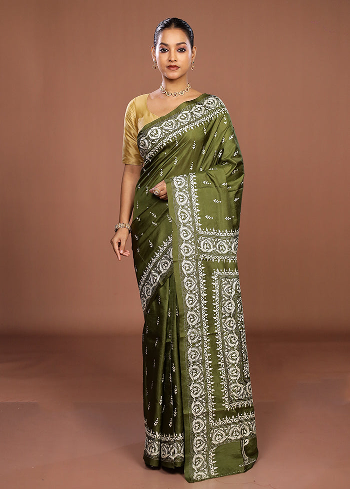 Green Handloom Kantha Stitch Pure Silk Saree With Blouse Piece