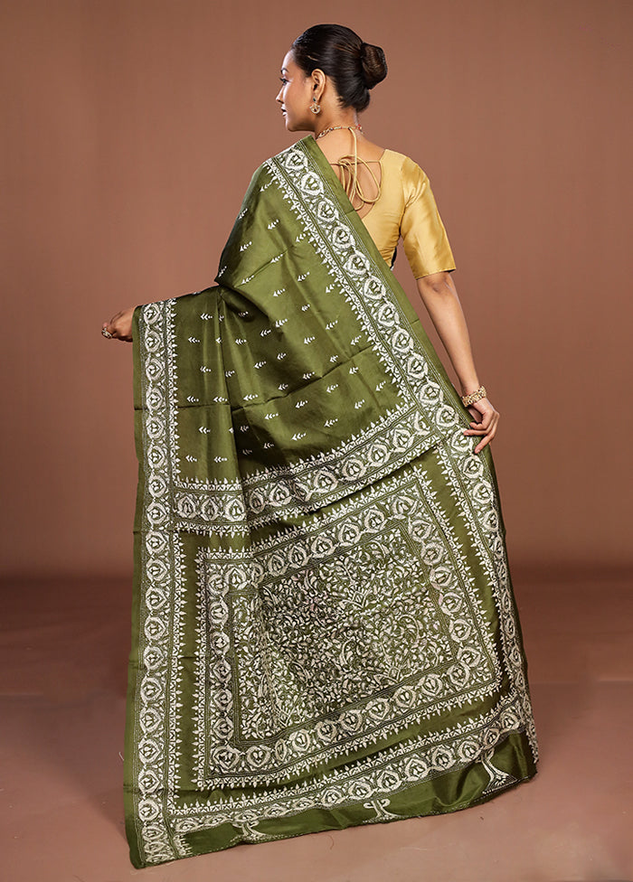 Green Handloom Kantha Stitch Pure Silk Saree With Blouse Piece