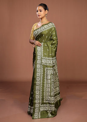 Green Handloom Kantha Stitch Pure Silk Saree With Blouse Piece
