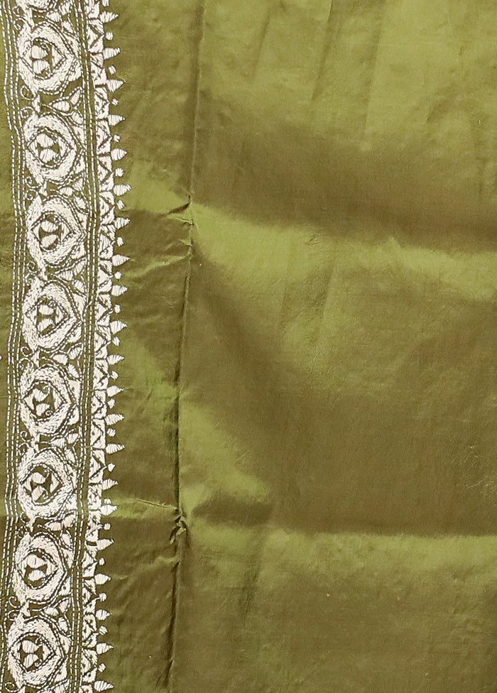 Green Handloom Kantha Stitch Pure Silk Saree With Blouse Piece