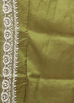 Green Handloom Kantha Stitch Pure Silk Saree With Blouse Piece