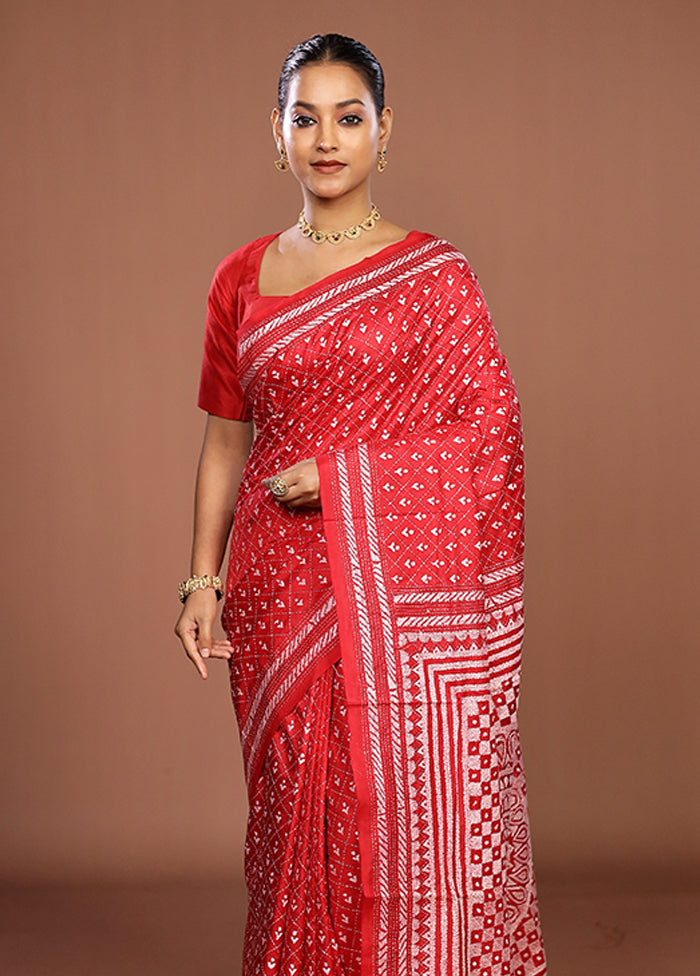 Red Handloom Kantha Stitch Pure Silk Saree With Blouse Piece