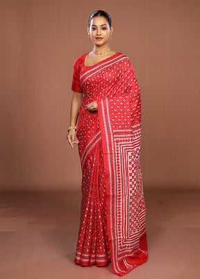 Red Handloom Kantha Stitch Pure Silk Saree With Blouse Piece
