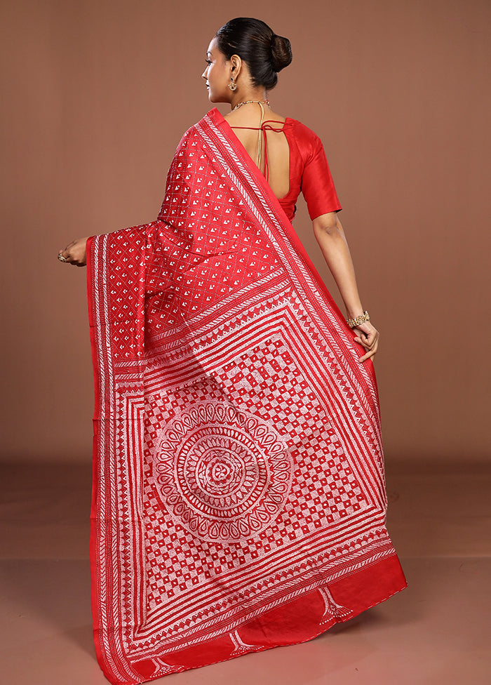 Red Handloom Kantha Stitch Pure Silk Saree With Blouse Piece