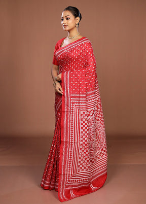 Red Handloom Kantha Stitch Pure Silk Saree With Blouse Piece