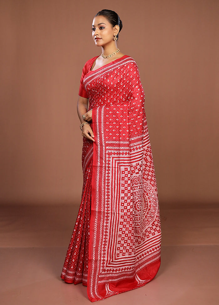 Red Handloom Kantha Stitch Pure Silk Saree With Blouse Piece