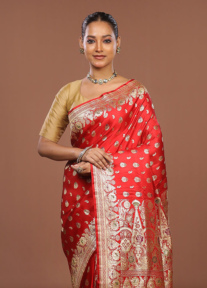 Red Handloom Banarasi Pure Silk Saree With Blouse Piece