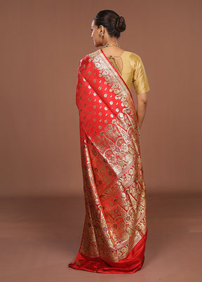 Red Handloom Banarasi Pure Silk Saree With Blouse Piece