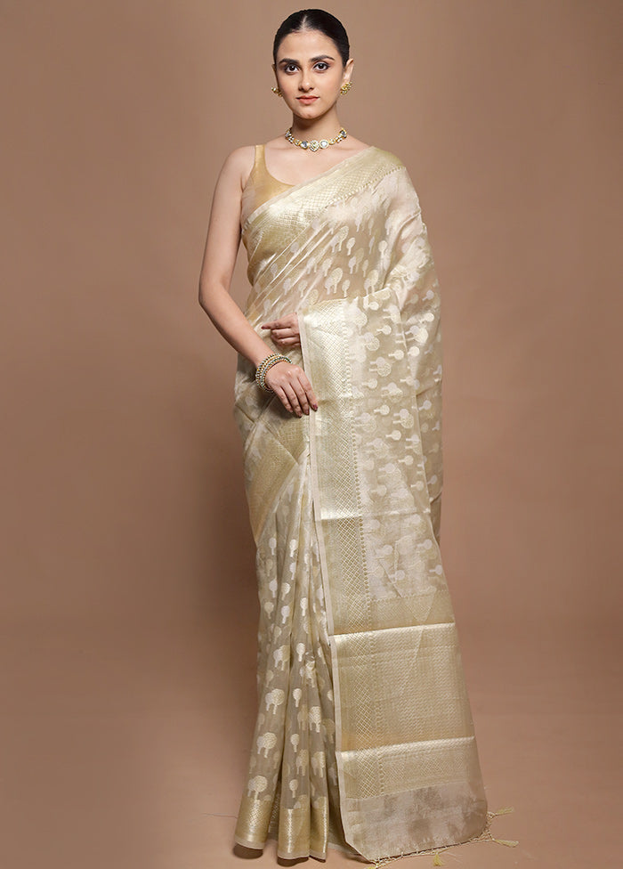 Cream Tissue Silk Saree With Blouse Piece