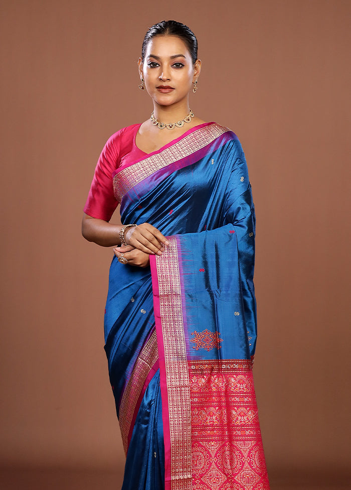 Blue Handloom Bomkai Pure Silk Saree With Blouse Piece