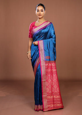 Blue Handloom Bomkai Pure Silk Saree With Blouse Piece