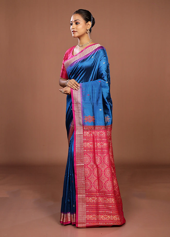Blue Handloom Bomkai Pure Silk Saree With Blouse Piece
