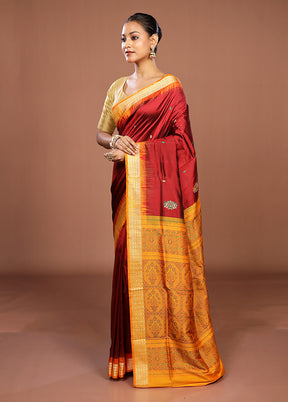 Maroon Handloom Bomkai Pure Silk Saree With Blouse Piece