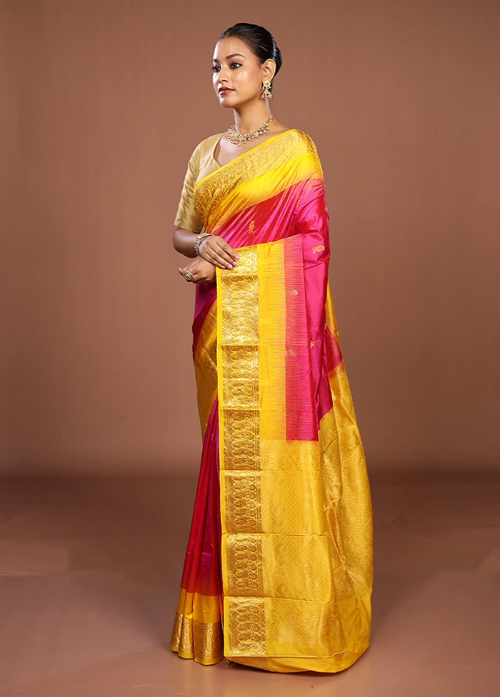 Pink Handloom Kanjivaram Pure Silk Saree With Blouse Piece
