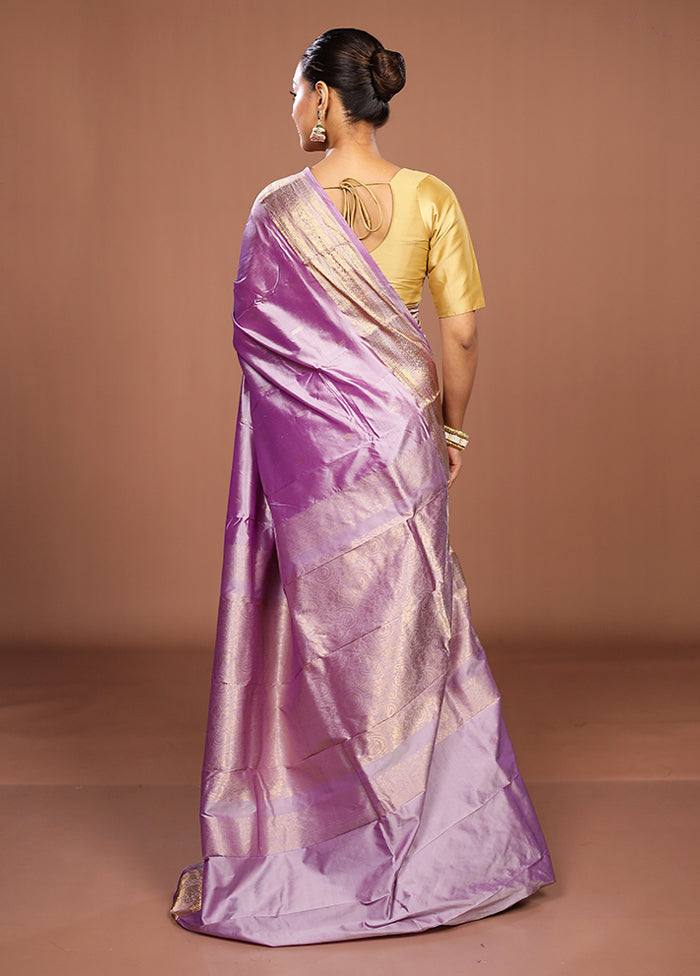 Purple Handloom Kanjivaram Pure Silk Saree With Blouse Piece