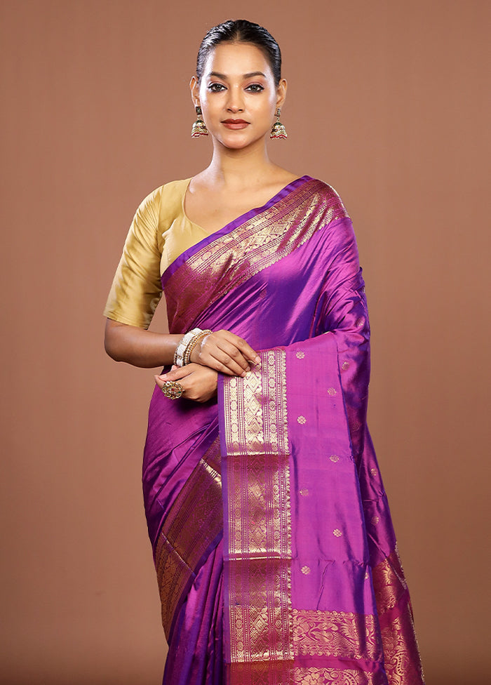Purple Handloom Kanjivaram Pure Silk Saree With Blouse Piece