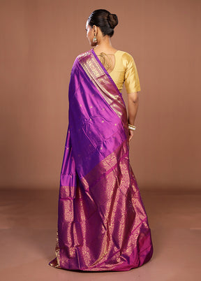 Purple Handloom Kanjivaram Pure Silk Saree With Blouse Piece