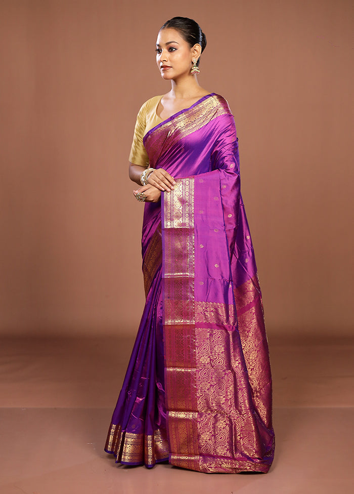 Purple Handloom Kanjivaram Pure Silk Saree With Blouse Piece
