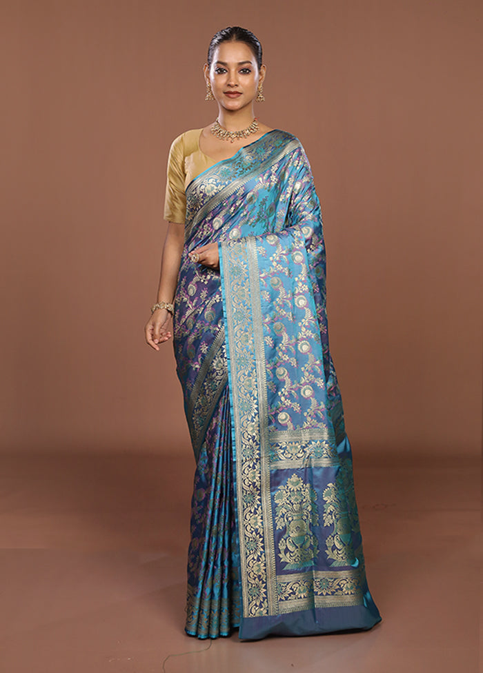Blue Tanchoi Silk Saree With Blouse Piece