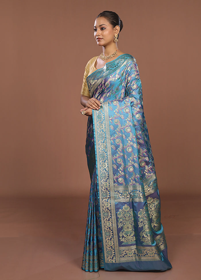 Blue Tanchoi Silk Saree With Blouse Piece