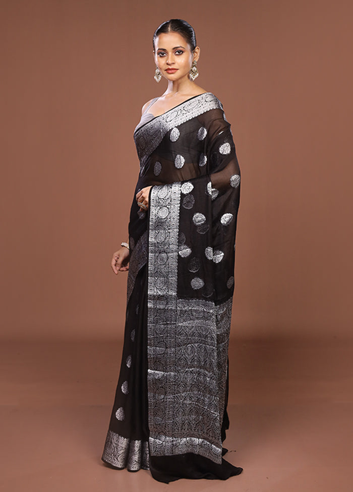 Black Handloom Kora Pure Silk Saree With Blouse Piece