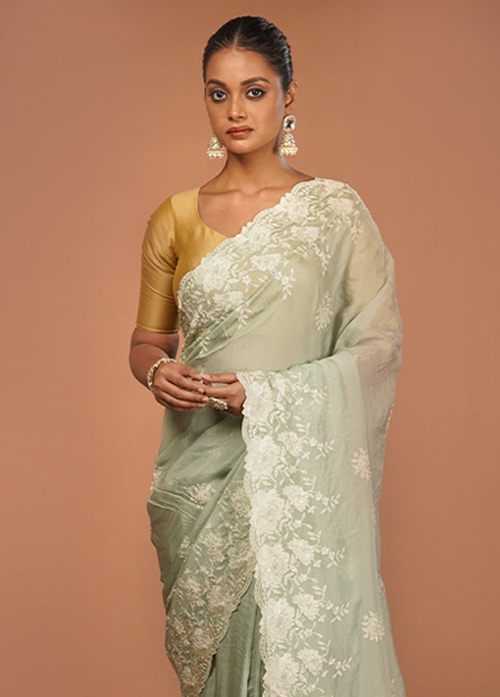 Green Handloom Pure Organza Saree With Blouse Piece