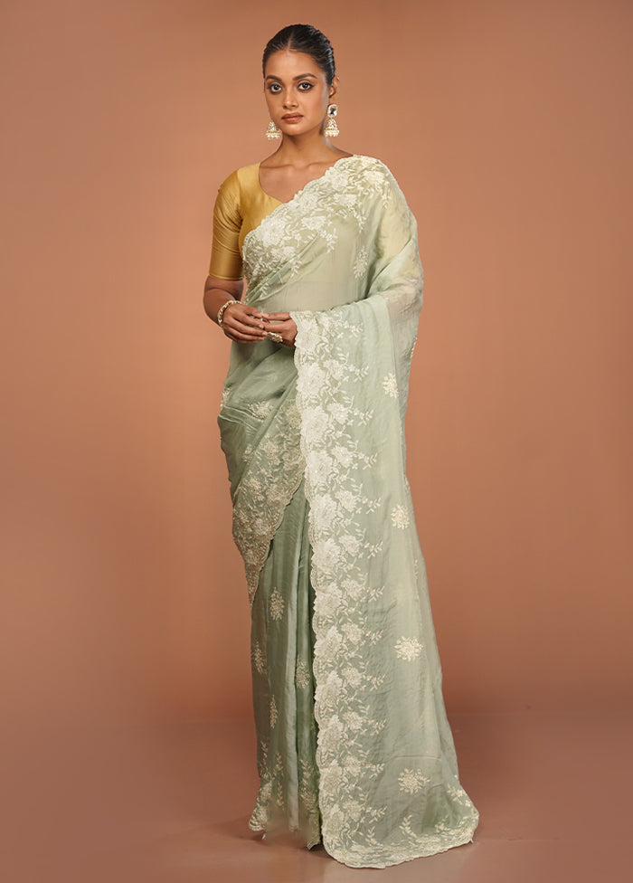 Green Handloom Pure Organza Saree With Blouse Piece