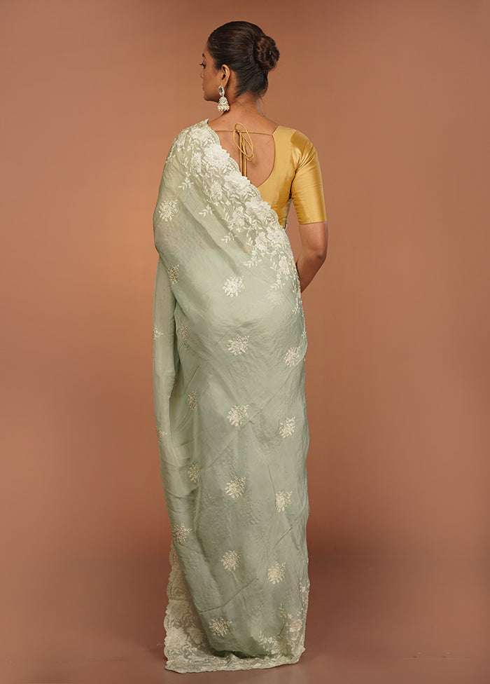 Green Handloom Pure Organza Saree With Blouse Piece