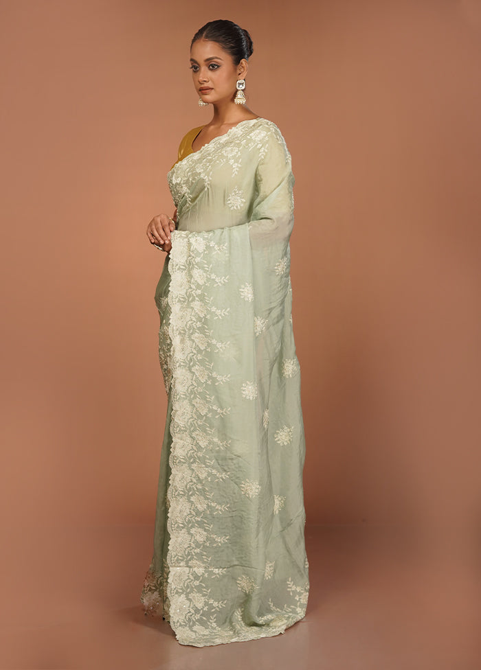 Green Handloom Pure Organza Saree With Blouse Piece