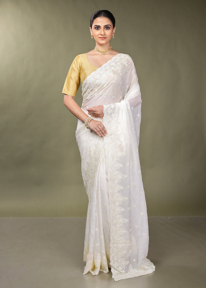 White Handloom Pure Organza Saree With Blouse Piece