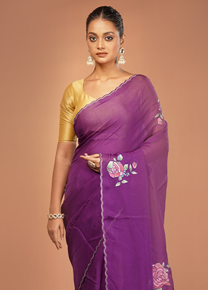 Purple Handloom Pure Organza Saree With Blouse Piece