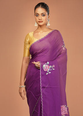 Purple Handloom Pure Organza Saree With Blouse Piece