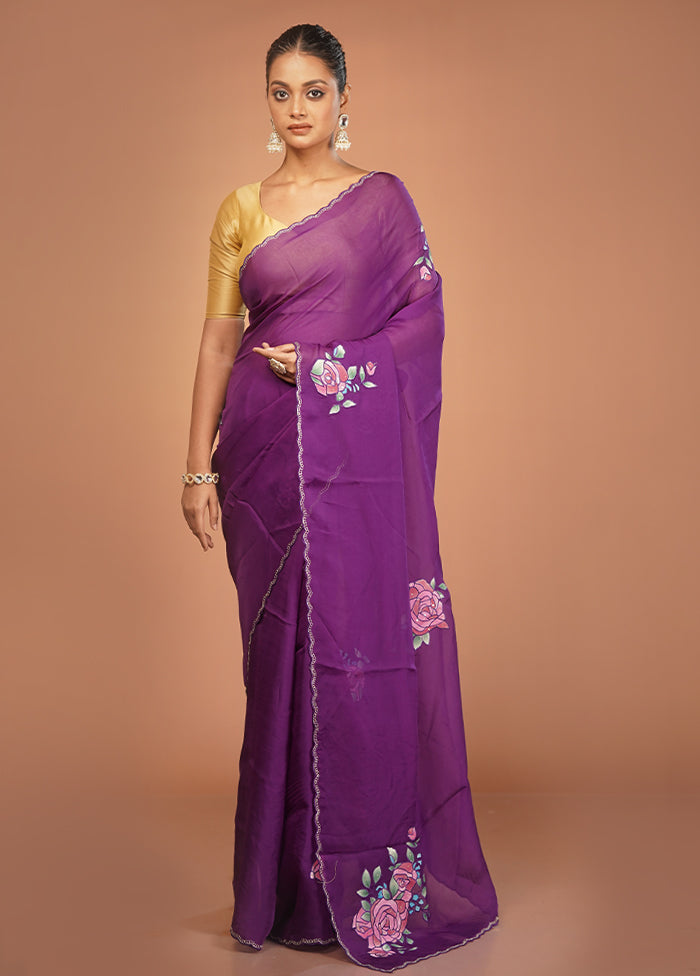 Purple Handloom Pure Organza Saree With Blouse Piece