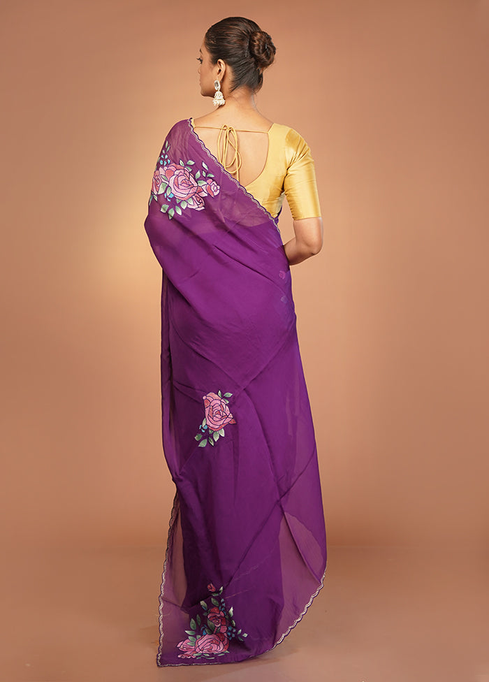 Purple Handloom Pure Organza Saree With Blouse Piece