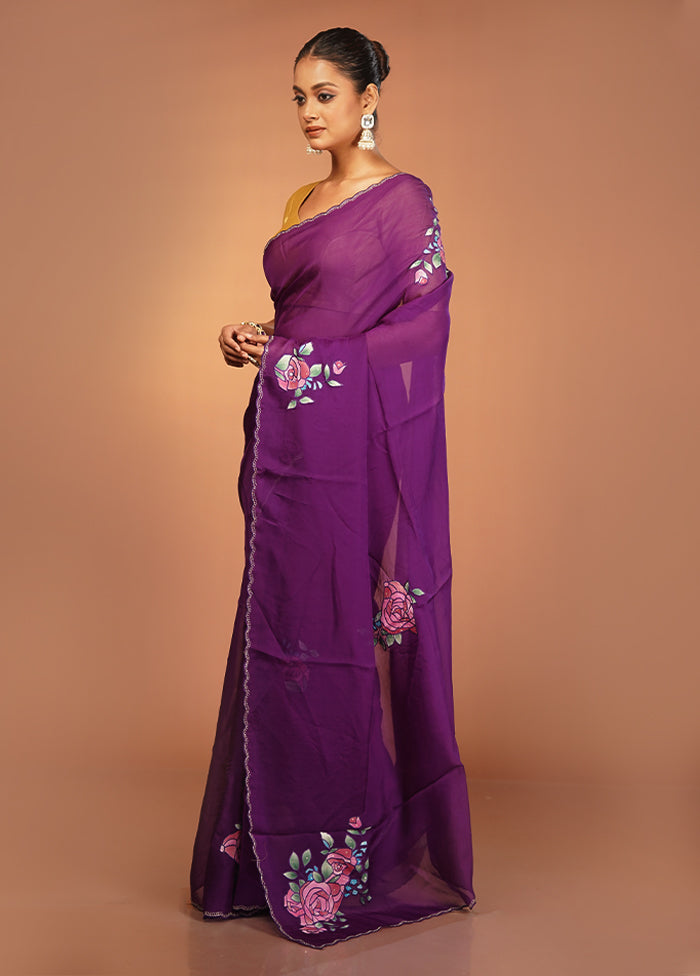 Purple Handloom Pure Organza Saree With Blouse Piece