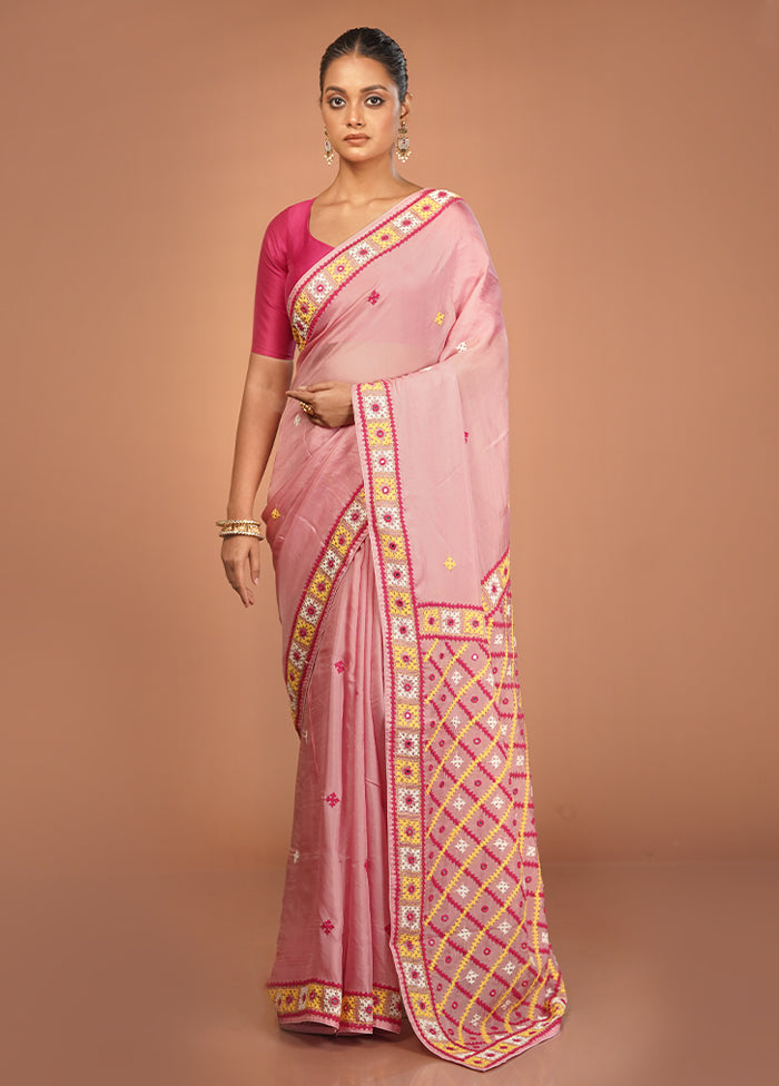 Pink Handloom Pure Georgette Saree With Blouse Piece