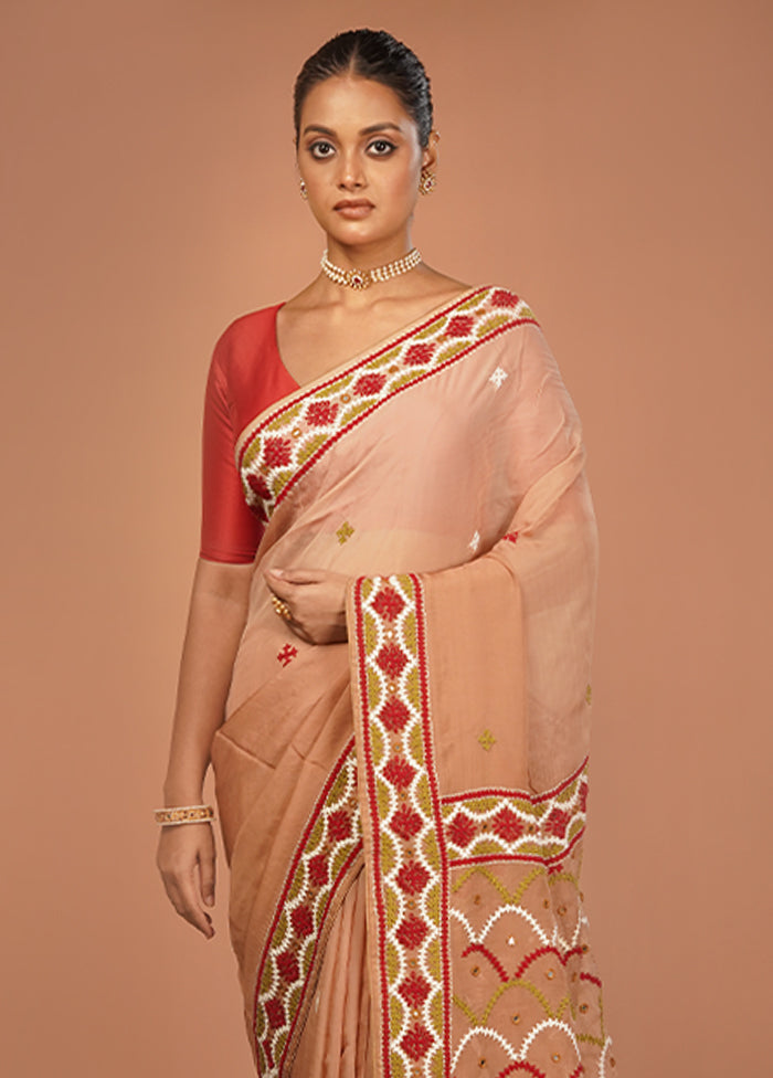 Cream Handloom Pure Georgette Saree With Blouse Piece